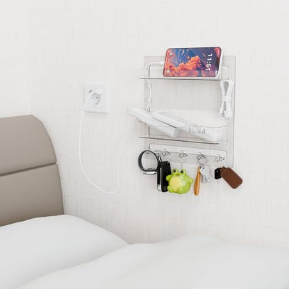 Yieach Bedside Shelf for Dorm Bed,Rv,Small Room and Nightstand,Wall Mounted Floating Shelves and Bedside Wall Organizer for Remote,Phone Holder,Charging Shelf,Cute Bedroom Decor for College Girl,Clear
