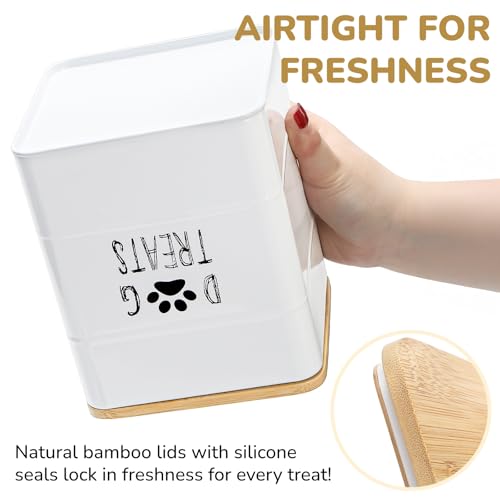 SOUJOY 2 Pack Dog Treat Container, 3Lbs Airtight Pet Food Storage Container with Lid, 7"x5" Iron Small Pet Treat Canister for Cookie, Bone, Biscuit, Dog Food Bin for Kitchen Counter, White