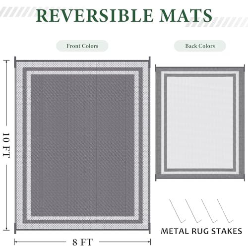 HappyTrends Outdoor Rug Reversible Portable Plastic Straw Camping Rugs for Outside RV,Large Waterproof Outdoor Area Rugs for Patio,Deck,Porch,Balcony(8'x 10',White&Gray) - size: 8' x 10' (Rectangular)