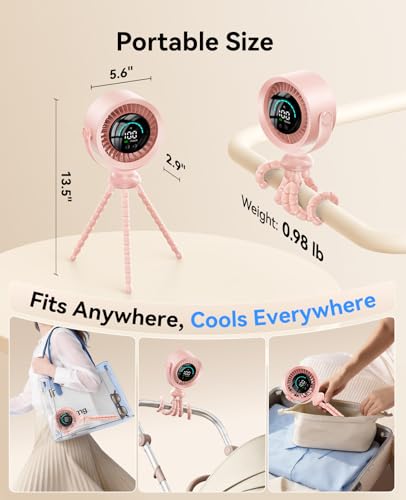 KIMMOO Portable Baby Stroller Fan, 360° Adjustable Quiet Rechargeable USB Fan with LED Display, 100 Speeds Safe Clip Fan for Stroller, Powerful Cooling Fan for Golf Car Seat Treadmill Travel, Pink - color: Pink