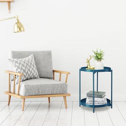 danpinera 2-Tier End Table, Outdoor Side Table Metal Round Side Table with Removable Tray, Small Accent Table, Anti-Rust Nightstand for Bedroom Balcony Patio Living Room (Navy Blue) - color: Navy Blue