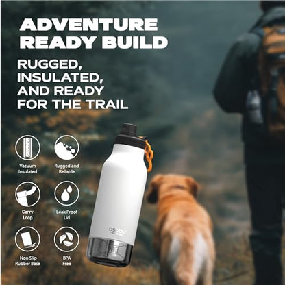 asobu Buddy Bottle a Stainless Steel Insulated Water Bottle for with Removable Dog Water Bowl and Dog Food and Treat Storage Bowl (White, 34 oz Water Bottle | 2 Bowls) - color: White