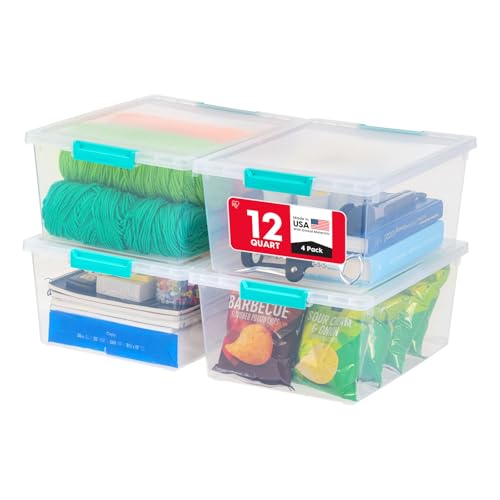 IRIS USA 12 Qt. Craft Storage Bins with Lids, 4-Pack, |Made in USA|, Clip Box, Medium Plastic Sensory Bin Tote Organizer Containers for Art Supplies, Paper, & Office, Stackable - Clear/Seafoam Blue - color: Clear/Seafoam Blue, size: 12 Qt. - 4 Pack