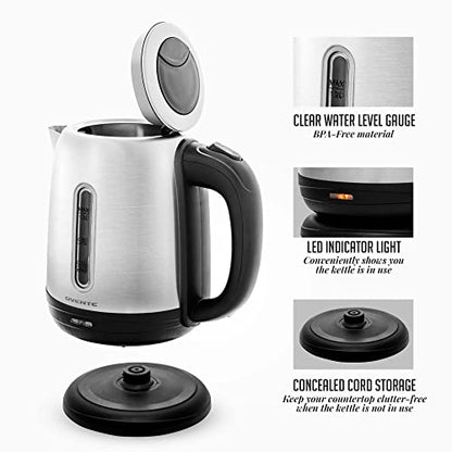 OVENTE Electric Tea Kettle Stainless Steel 1.2 Liter Portable Instant Water Boiler Heater 1100W Power Fast Boiling with Cordless Body and Automatic Shut Off for Coffee Milk Chocolate Silver KS22S