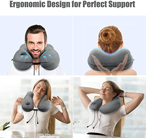 Inflatable Travel Neck Pillow for Airplanes, Super Soft Velvet Neck Support, Adjustable Firmness, Blow Up Plane Pillow for Long Flights, Road Trips, Travel Essentials with Eye Mask, Earplug - color: Premium Grey