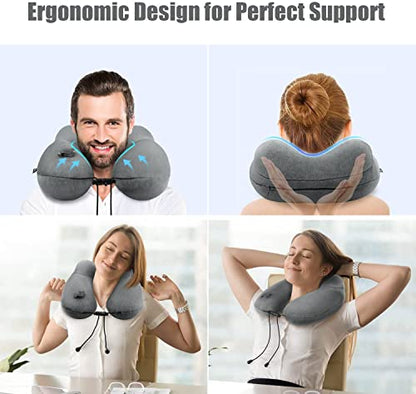 Inflatable Travel Neck Pillow for Airplanes, Super Soft Velvet Neck Support, Adjustable Firmness, Blow Up Plane Pillow for Long Flights, Road Trips, Travel Essentials with Eye Mask, Earplug - color: Premium Grey