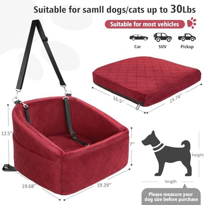 NEEZUKAR Dog Car Seat for Small Medium Dogs,Detachable Washable Dog Booster Seat Under 30lbs, Pet Car Seats Travel Bed with Storage Pockets and Safety Belt(Red) - color: Red