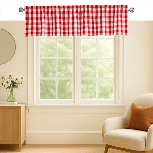 Red and White Gingham Valance Curtains, 2 Pack 54x18 Inches, 100% Cotton Farmhouse Window Valances, Washable Rod Pocket Short Curtain for Kitchen, Bedroom, Bathroom and Living Room - color: Red, Gingham, size: 18"W x 54"L (Pack of 2)