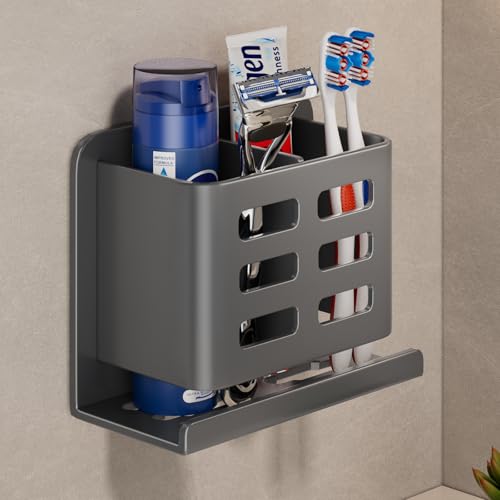 Grey Wall-Mounted Toothbrush Holder, Aluminum Material Shower Shaver Storage Rack, No Drilling Required, Removable Toothpaste Storage Rack - size: Gray double slot
