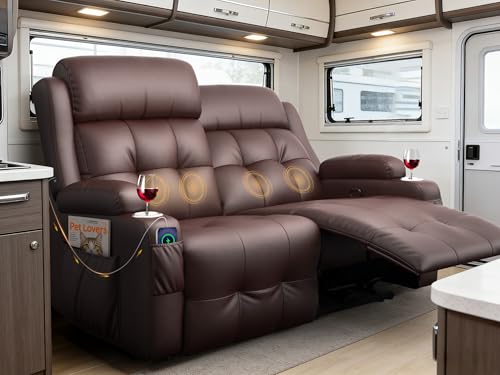 Reclining Loveseat, 55.1" RV PU Leather Wall Hugger Recliner Love Seats Sofa with USB-A/Type C Charging Station, Cup Holder, Double Recliners Couch, Manual Love Seat for RV & Gaming Room - color: Brown, size: Hera - Loveseat