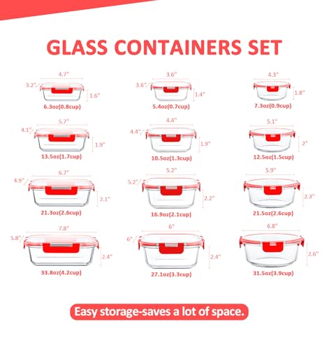 KOMUEE 24 Pieces Glass Food Storage Containers Set, Meal Prep Containers, BPA-Free Airtight Glass Storage Containers with lids, Freezer, Microwave and Oven Safe, Red - color: Red