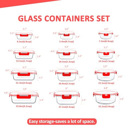 KOMUEE 24 Pieces Glass Food Storage Containers Set, Meal Prep Containers, BPA-Free Airtight Glass Storage Containers with lids, Freezer, Microwave and Oven Safe, Red - color: Red