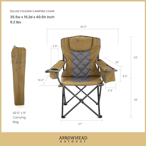 ARROWHEAD OUTDOOR Portable Deluxe Folding Camp Quad Chair w/Headrest, Glass & Cup Holders, Armest 6-can Cooler, Heavy Duty Carry Bag, 550 lbs Weight Capacity - color: Brown