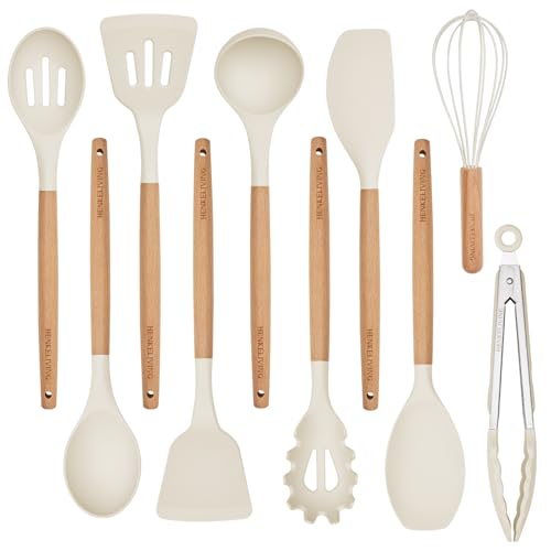 Silicone 10 Pcs Kitchen Cooking Utensils Set, Recycled Materials Certification, BPA Free Spatula Set with Heat Resistant Wood Handles for Nonstick Cookware, Cream White - color: CreamWhite