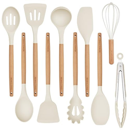 Silicone 10 Pcs Kitchen Cooking Utensils Set, Recycled Materials Certification, BPA Free Spatula Set with Heat Resistant Wood Handles for Nonstick Cookware, Cream White - color: CreamWhite