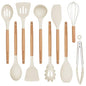 Silicone 10 Pcs Kitchen Cooking Utensils Set, Recycled Materials Certification, BPA Free Spatula Set with Heat Resistant Wood Handles for Nonstick Cookware, Cream White - color: CreamWhite