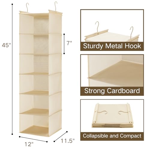 MAX Houser 6 Tier Shelf Hanging Closet Organizer, Closet Hanging Shelf with 2 Sturdy Hooks for Storage,2 Pack, Foldable (Yellow) - color: Beige-2