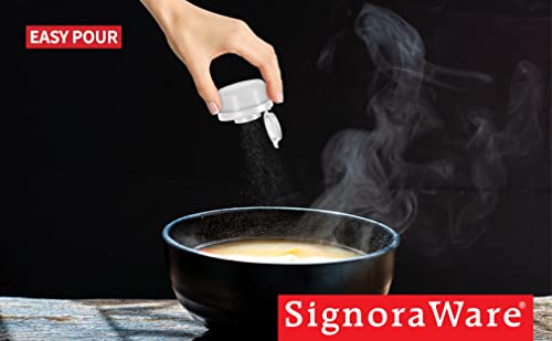 SIGNORAWARE Salt and Pepper Shakers Moisture Proof Set of 2 Small Mini Salt Shaker to go Camping Picnic Outdoors Kitchen Lunch Boxes Travel Spice Set Clear with Red Covers Plastic Airtight Dispenser - color: Black/White