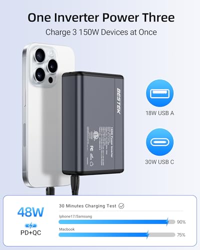 BESTEK 150W Car Power Inverter 11V-17V for Tesla Truck RV, 30W USB C PD 18W USB A Charger, 12V DC to 110V AC Converter with Detachable Cigarette Lighter Cable, 10-Layer Protection, ETL Certified - color: Gray