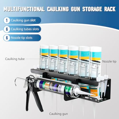 Caulking Gun and Tube Holder, Siligun Caulking Gun Rack, Caulk Tube Storage Organizer and Wall Mount Silicone Caulking Tools for Garage Workshop, Work Van, Service Truck (Black)
