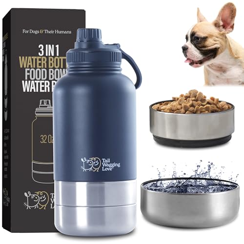 32oz 3-in-1 Portable Travel Water Bottle, Food & Hydration Bottle - Dual Use for Humans & Pets with Detachable Bowls, Stainless Steel, Keeps Water Hot for 6hrs & Cold for 12hrs