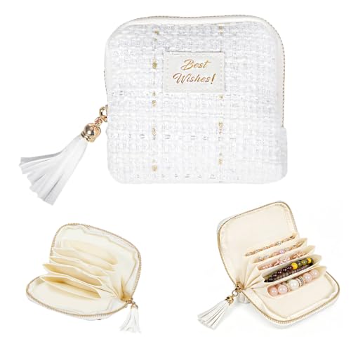 Travel Jewelry Case Small with Tassel Zipper, Soft Velvet Travel Jewelry Organizer Pouch for Necklaces, and Earrings, Portable Multi Layer Jewelry Bags, Anti Tangle Storage (Silver white) - color: silvery white