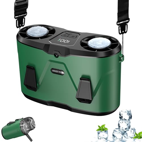 20000mAh Wearable Waist Fan, USB Rechargeable Personal Fan with 10 Wind Speeds, Dual Motors Portable Clip On Fan, Hands Free Cooling Fan for Outdoor Working Camping Travel (Green) - color: Green