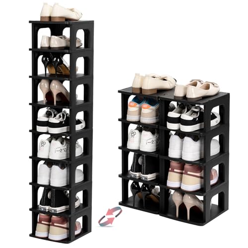 TRZZ 10-Tier Small Shoe Rack, Vertical Narrow Stackable Organizer with Removable Partition, Efficient Shoe Storage for Closet, Entryway, and Small Spaces (Black) - color: Black, size: 10-Tier-9.5"L