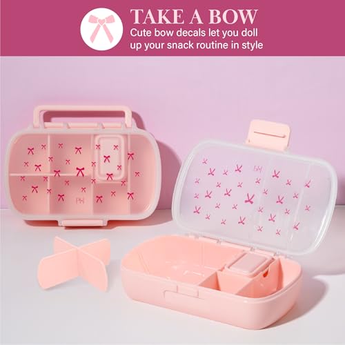 Paris Hilton 2-Pack Bento Style Snack Boxes, 7-Compartment Lunch Containers with Built-In Phone Stand, Removable Dividers and Dip Containers, Pink Bow Print - color: Pink Bow Print