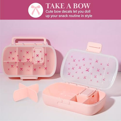 Paris Hilton 2-Pack Bento Style Snack Boxes, 7-Compartment Lunch Containers with Built-In Phone Stand, Removable Dividers and Dip Containers, Pink Bow Print - color: Pink Bow Print