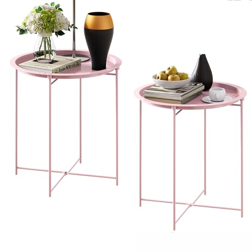 End Table Set of 2,Pink Outdoor Side Table, Small Patio Round Folding Metal Side Tables for Outdoor,Living Room,Bedroom Balcony and Office, 2 PCS - color: Pink