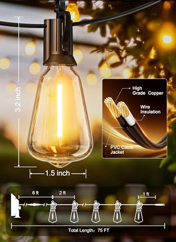 Brightown 75FT Solar String Lights Outdoor Waterproof with Remote, 35+1 LED Shatterproof Bulbs, Dimmable & Timable, 3 Light Modes - Commercial Grade Patio Lights for Garden Backyard Party Decor - size: 75FT(35 Sockets)