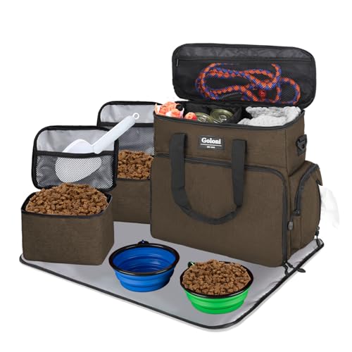 Dog Travel Bag Airline Approved–Pet Travel Tote with Collapsible Bowls,Food Containers & Feeding Mat–Multi-Pocket Organizer for Dogs & Cats, Durable & Water-Resistant for Hiking,Trips,Outdoors - color: Brown