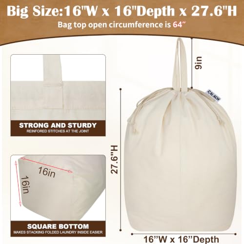 Canvas Laundry Bags with Handles & Square Base 16"Wx16"Depth x27.6"H, Extra Large Heavy Duty Laundry Basket Hamper Liner, Washable Drawstring Dirty Clothes Bag Canvas Storage Sack(Beige,1 Pack) - color: Beige 1-Pack | Square Base, size: 16"Wx16"Depthx27.6