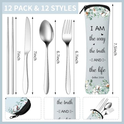 Hushee 12 Set Christian Travel Cutlery Set Bible Verse Reusable Utensils Sets with Case Inspirational Religious Christian Flatware for Women Mother Church Gifts(Charming,Floral) - color: Floral, style: Charming