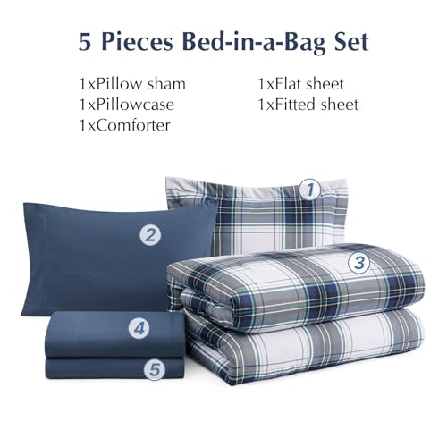 MaiRêve Twin XL Size Plaid Comforter Set Blue White, Classic 5 Pieces Farmhouse Bedding Set, All Season Lightweight Bed in A Bag with Sheets, Pillowcase & Sham - color: Blue White, size: Twin XL