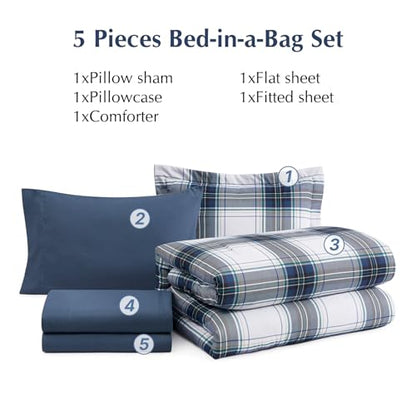 MaiRêve Twin XL Size Plaid Comforter Set Blue White, Classic 5 Pieces Farmhouse Bedding Set, All Season Lightweight Bed in A Bag with Sheets, Pillowcase & Sham - color: Blue White, size: Twin XL