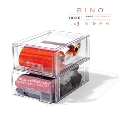 BINO | Stackable Storage Drawers, Large - 2 Pack, Clear | THE CRATE COLLECTION | Storage Bins With Drawers | Bathroom Organizers | Under Sink Organizer | Vanity Cabinet Home Organization - size: Large 2-Pack