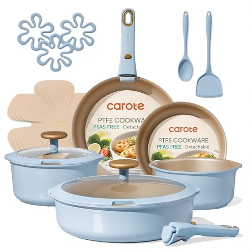 CAROTE 18Pcs Pots and Pans Set, Nonstick Cookware Set Detachable Handle, kitchen Pan Set, Induction kitchen cookware Non Stick, RV Cookware Sets, Oven Safe, Blue - color: Blue