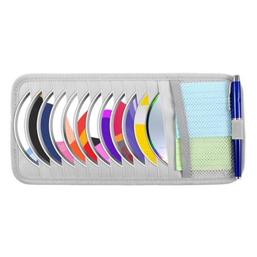 Trinkrittey Gray Car CD Case Holder Vehicle Sun Visor Organizer Vehicle Visor Storage Orangizer Large Capacity CD Visor Case with 12 DVD Storage Sleeves 1 Mesh Pocket 1 Pen Holder and Elastic Strap - color: gray
