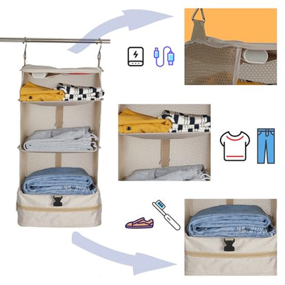 Portable Hanging Travel Shelves, Carry on Closet Suitcase Storage for Luggage, Hanging Packing Cubes Compression for Travel Essentials (L, Beige)