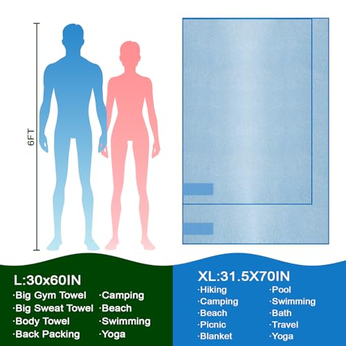 Quick Dry Body Towel for Travel,Fast Drying Lightweight Backpacking Hiking Beach Large Swimming Pool Yoga Mat Camping Towel(Blue, 1 Pack XL(31.5X70 Inch) - color: Blue, size: 1 Pack XL(31.5X70 Inch