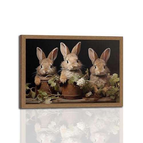 Framed Vintage Bunny Floral Canvas Wall Art Framed Cozy Spring Prints Pictures, Easter Rabbit Canvas Artwork for Bedroom, Living Room Nursery Office, Cute Farmhouse Home Wall Decor 16x24in - color: Easter Rabbit Canvas, size: 16x24 Inches
