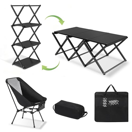 Camping Table and Chairs Set, 2-in-1 Aluminum Folding Table with 3-Tier Storage Rack, Heavy Duty Portable Camp Kitchen for Outdoor, Camping, Hiking, Beach - size: Aluminum Table