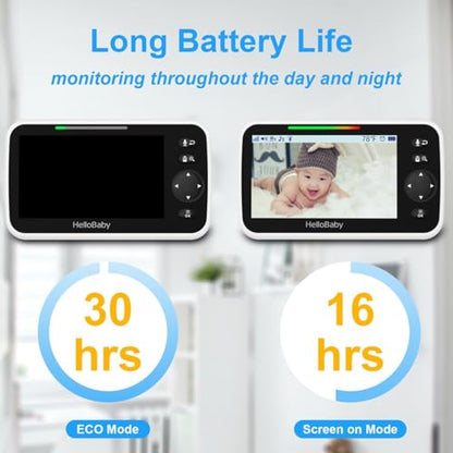 HelloBaby HB6550 5" Baby Monitor 3 Cameras, 26-Hour Battery, Pan-Tilt-Zoom,1000ft Range Video Audio Baby Monitor No WiFi, ECO, Night Vision, 2-Way Talk, 8 Lullabies and Temperature, Ideal Gifts - size: 3 Cams-HB6550