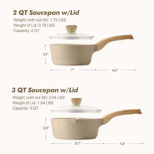 SENSARTE 2.0 & 3.0 Quart Ceramic Sauce Pan Sets with Lid, Cooking Pots Set, Nonstick Saucepan Set with Pour Spout, Small Kitchen Pot, Non toxic Saucepot, Induction Comptable, PFOA PTFE PFAS PFOA Free - color: Ceramic Taupe, size: 2.0 + 3.0 Quarts