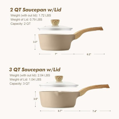 SENSARTE 2.0 & 3.0 Quart Ceramic Sauce Pan Sets with Lid, Cooking Pots Set, Nonstick Saucepan Set with Pour Spout, Small Kitchen Pot, Non toxic Saucepot, Induction Comptable, PFOA PTFE PFAS PFOA Free - color: Ceramic Taupe, size: 2.0 + 3.0 Quarts