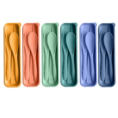 Travel Utensils Set with Case, Camping Utensils Wheat Straw Reusable Utensils Set With Case, Knife Fork and Spoon Utensils for Lunch Box (6 Pack) - color: Green, Light green, Blue, Light blue, Orange, Yellow
