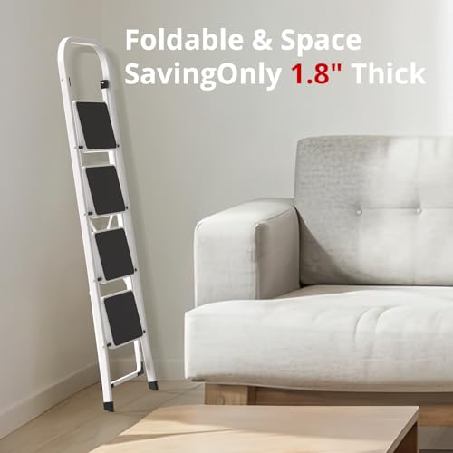 HBTower Step Ladder, Folding Step Stool for Adults with Anti-Slip Pedal, 330 lbs Capacity for Kitchen, Home, White - size: 4 Step Ladder