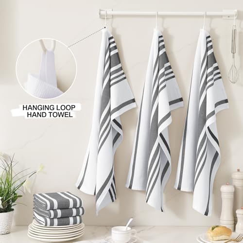 Homaxy Premium Kitchen Towels 18”x 28”, Large Cotton 380 GSM Kitchen Hand Towels, Stripe and Terry Dish Towel, Highly Absorbent Tea Towel Set with Hanging Loop, 6 Pack, Black - color: Black Stripe, style: 6-pack